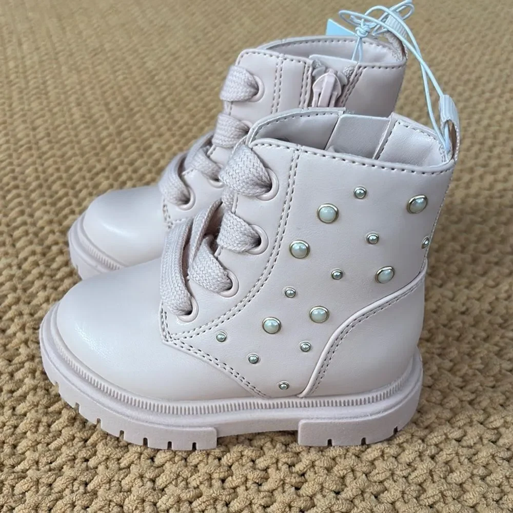 NWT Cat & Jack Light Pink Combat Boots with Pearl Studs Size 5T&7T